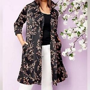 J Jason Wu Women's Woven Printed Lightweight Satin Floral Trench, Black Pink XL